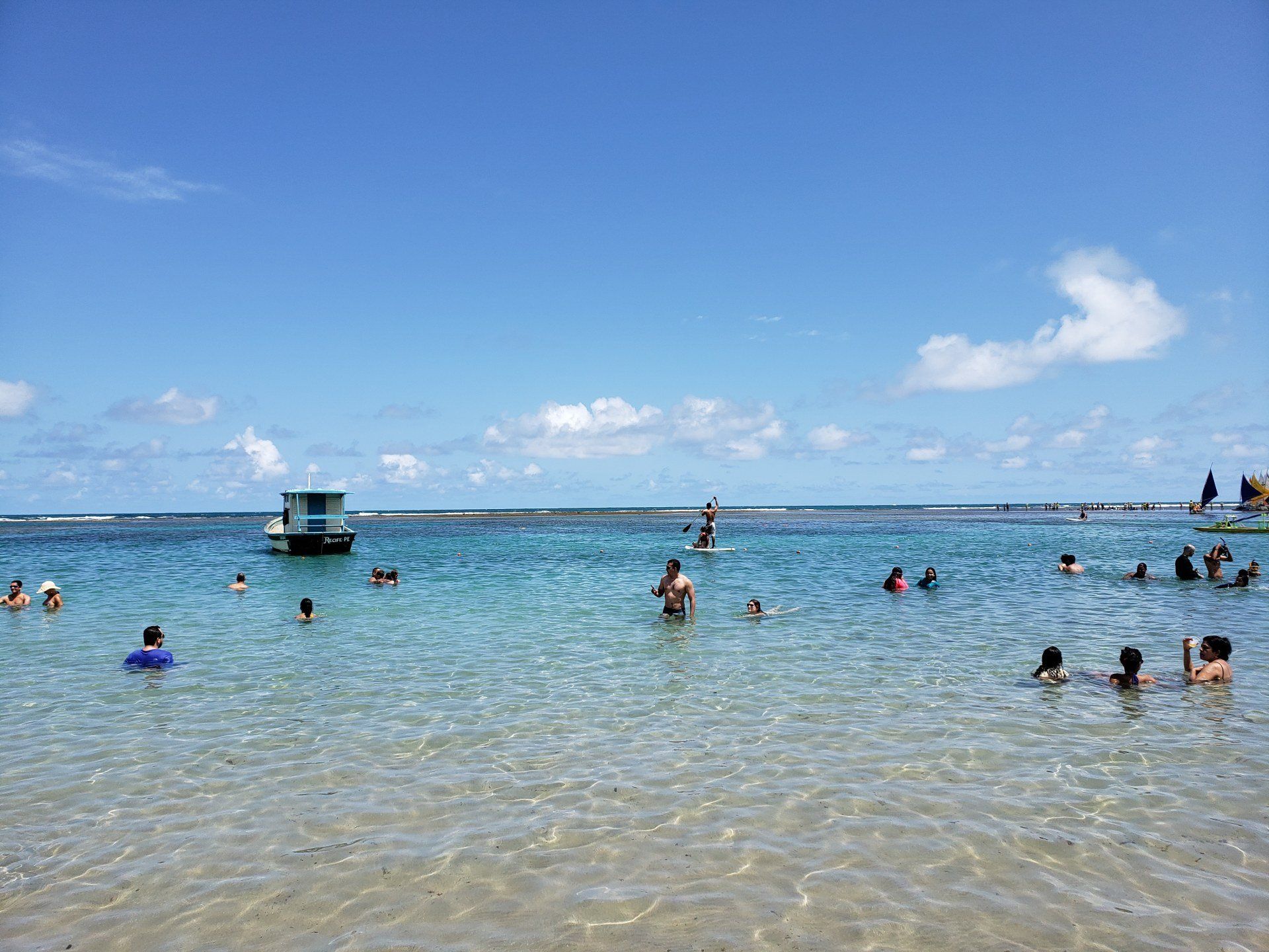 Um grupo de pessoas está nadando no oceano em um dia ensolarado.