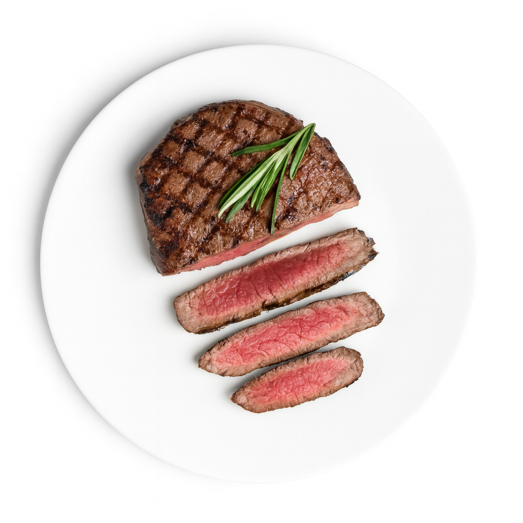 Bistecca alla griglia su un piatto bianco, tagliata a fette per rivelare l'interno al sangue, guarnita con rosmarino.