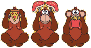 Tre scimmiette dei cartoni animati con le mani che coprono il viso, ognuna delle quali tiene in mano del cibo: pizza, carne e patatine fritte.