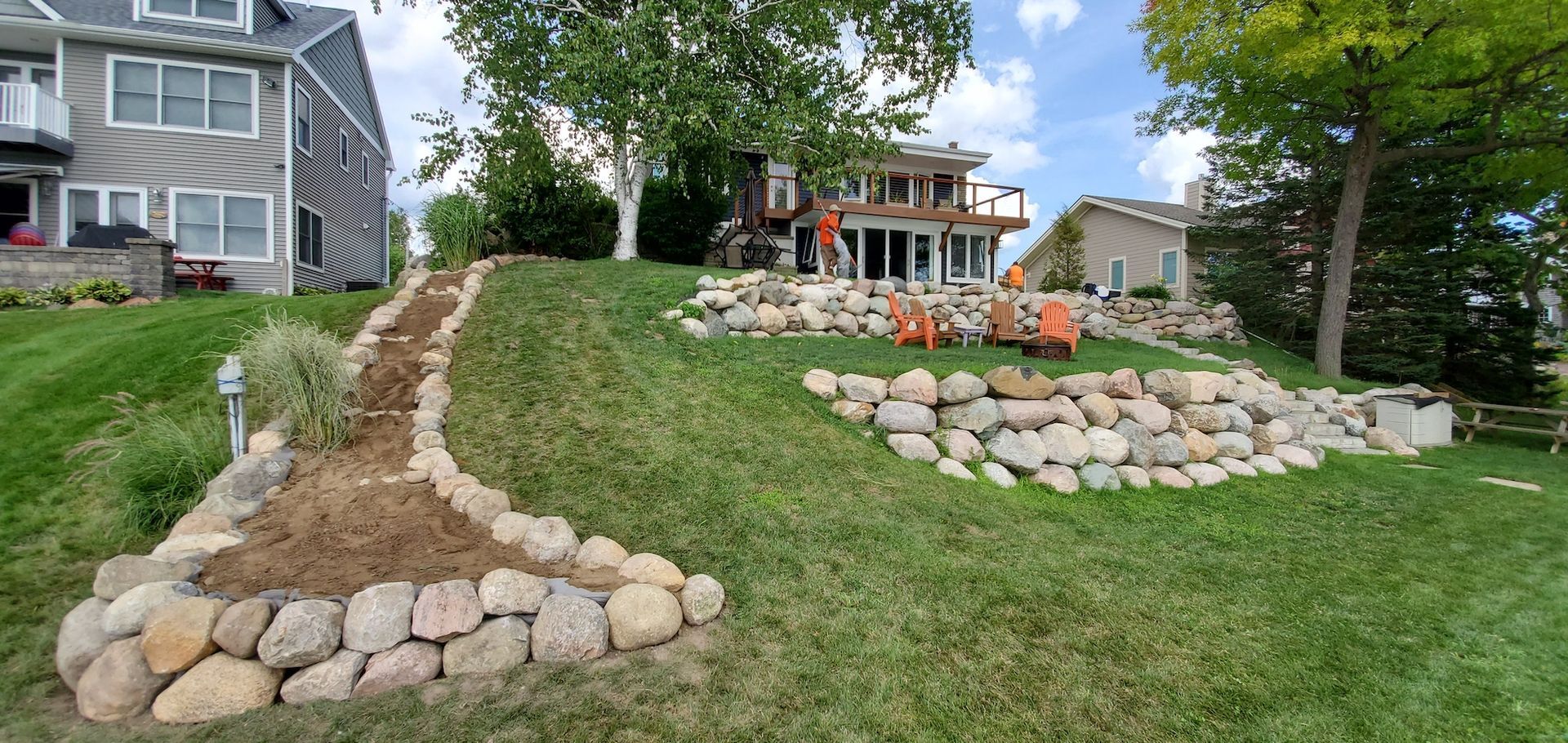 A house with stone landscaping and a grassy yard by a lake.