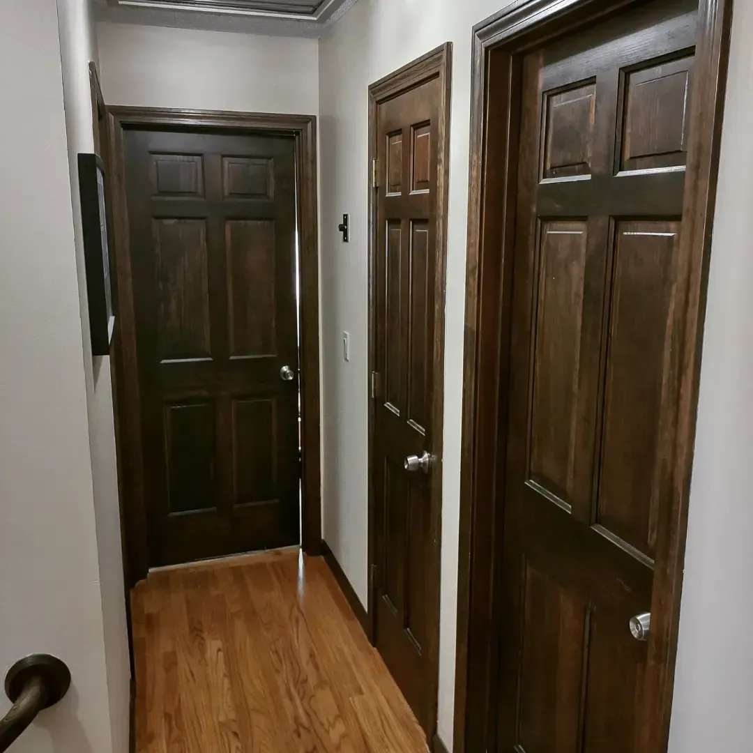 Narrow hallway with dark wood doors and hardwood flooring.