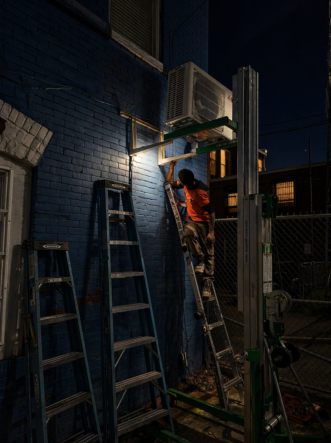 Person on a ladder trimming a vine on a brick building at night