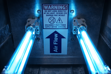 Blue UV lamps inside a metal chamber with a warning label and an “Air Flow” sign.