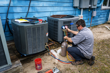 Technician kneeling beside outdoor HVAC units, checking gauges and hoses against a blue house siding.