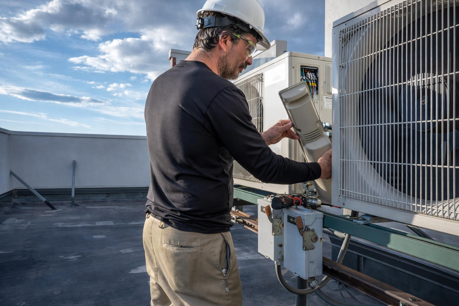 Technician in hard hat inspecting rooftop HVAC unit beside a large fan on a flat roof