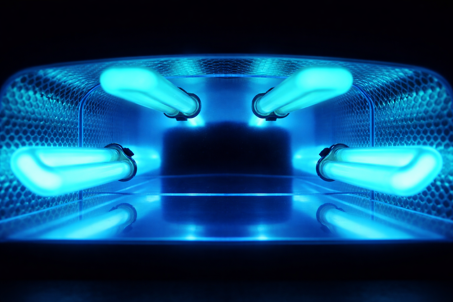Blue neon-lit futuristic tunnel with glowing lights and a central dark opening