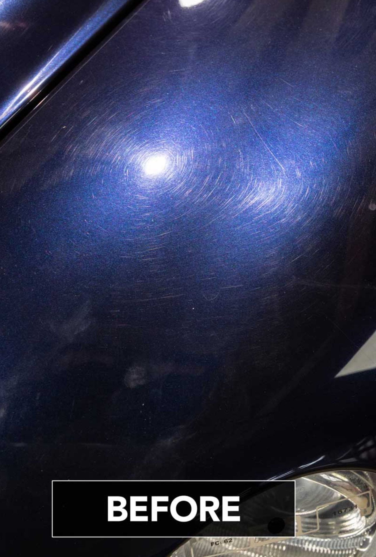 A before and after picture of a blue car.