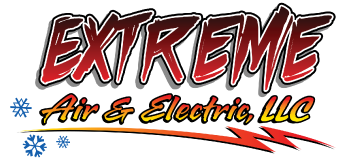 the logo for extreme air and electric llc shows a lightning bolt and snowflakes .