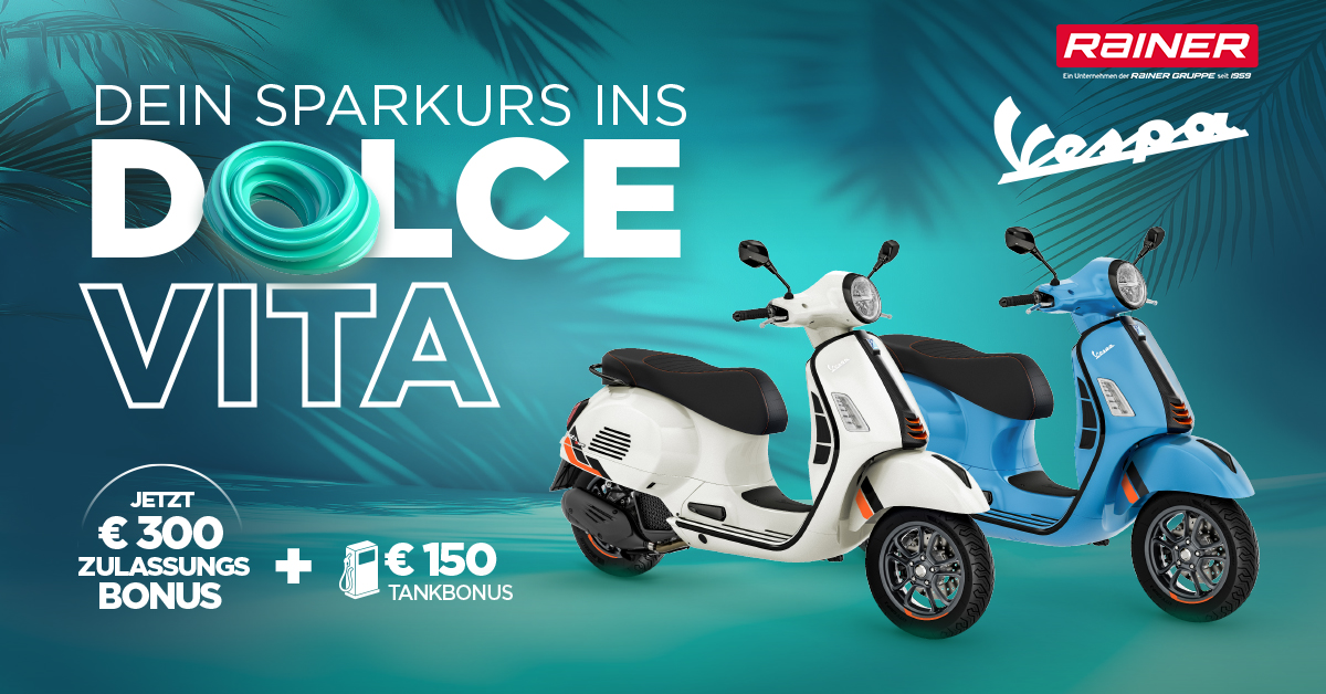Werbung für „Easy Start“  ,,Zum Vespa Lifestyle mit einer Frau mit Sonnenbrille und Rainer-Logo auf türkisfarbenem Hintergrund