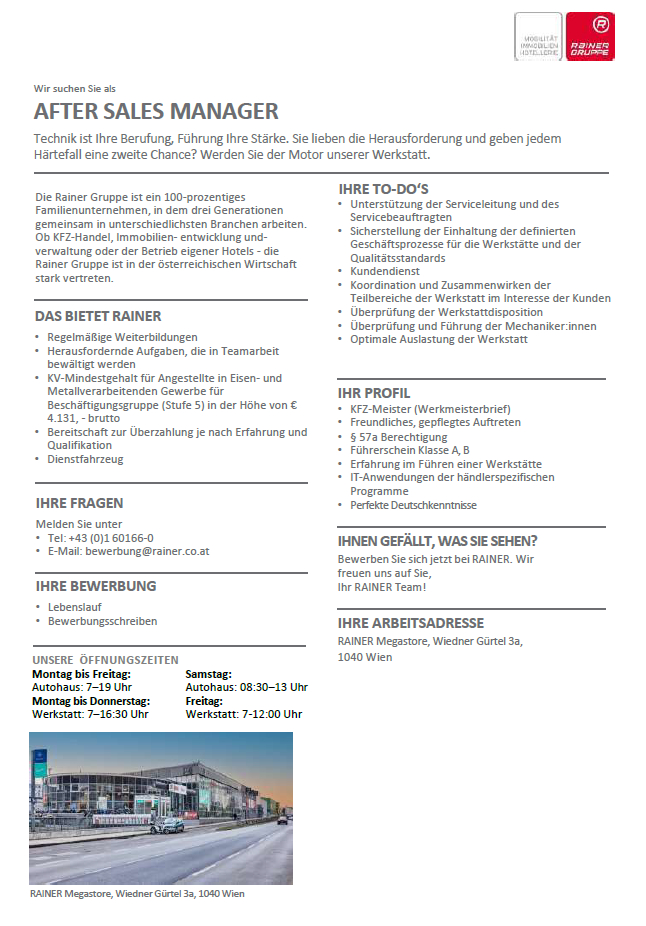 Stellenanzeige für einen Karosseriebauer bei Rainer, mit Textdetails und lächelnden Mitarbeitern im Hintergrund.