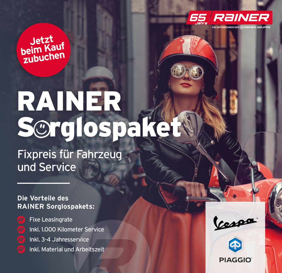 Eine Frau auf einem roten Roller wirbt für das Leasingpaket „Rainer Sorglospaket“ mit Vespa- und Piaggio-Logos.