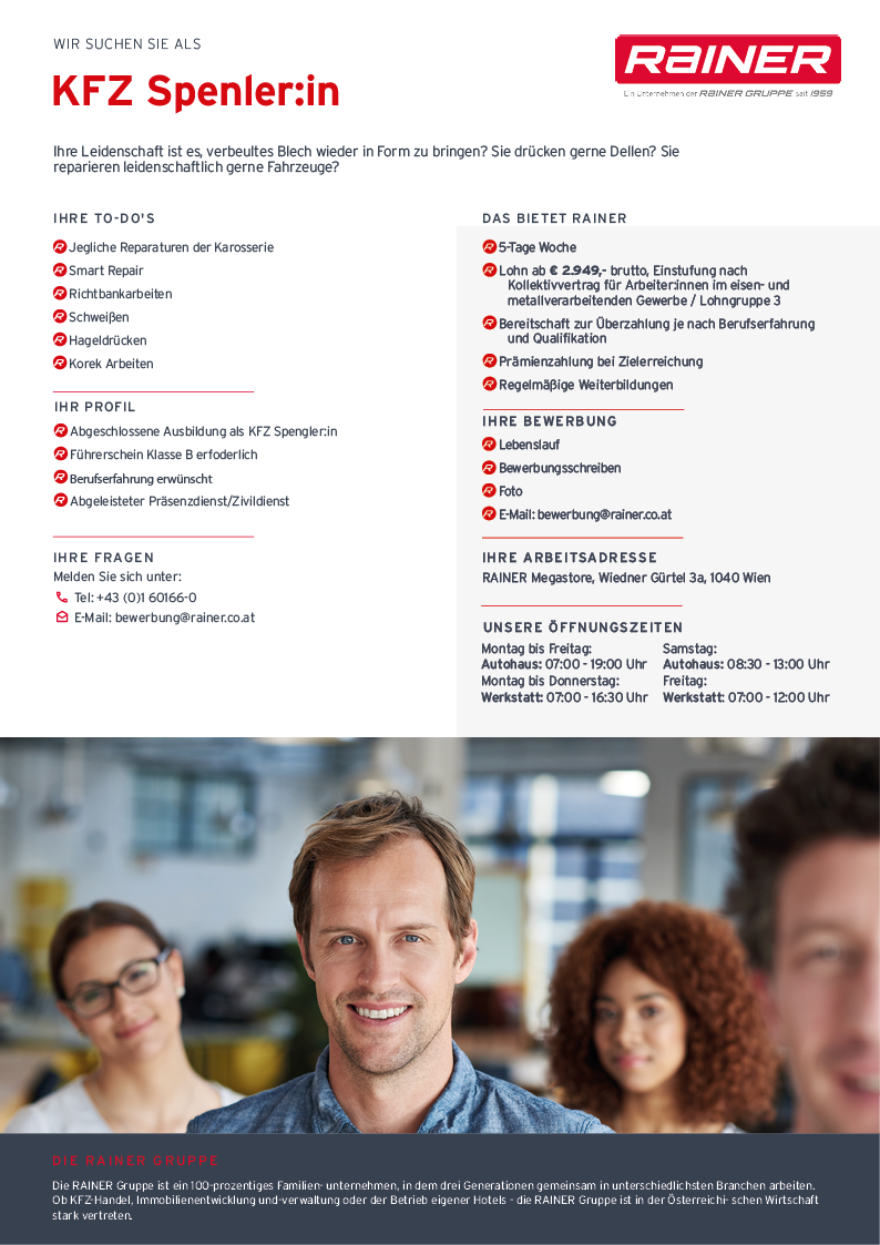 Stellenanzeige für einen Karosseriebauer bei Rainer, mit Textdetails und lächelnden Mitarbeitern im Hintergrund.