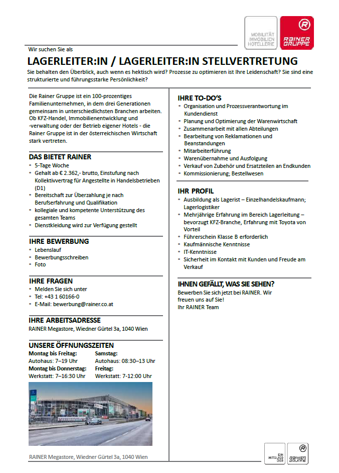 Stellenausschreibung für einen Lagerleiter oder stellvertretenden Lagerleiter bei LAGER Maxi Bauzentrum in Wien.