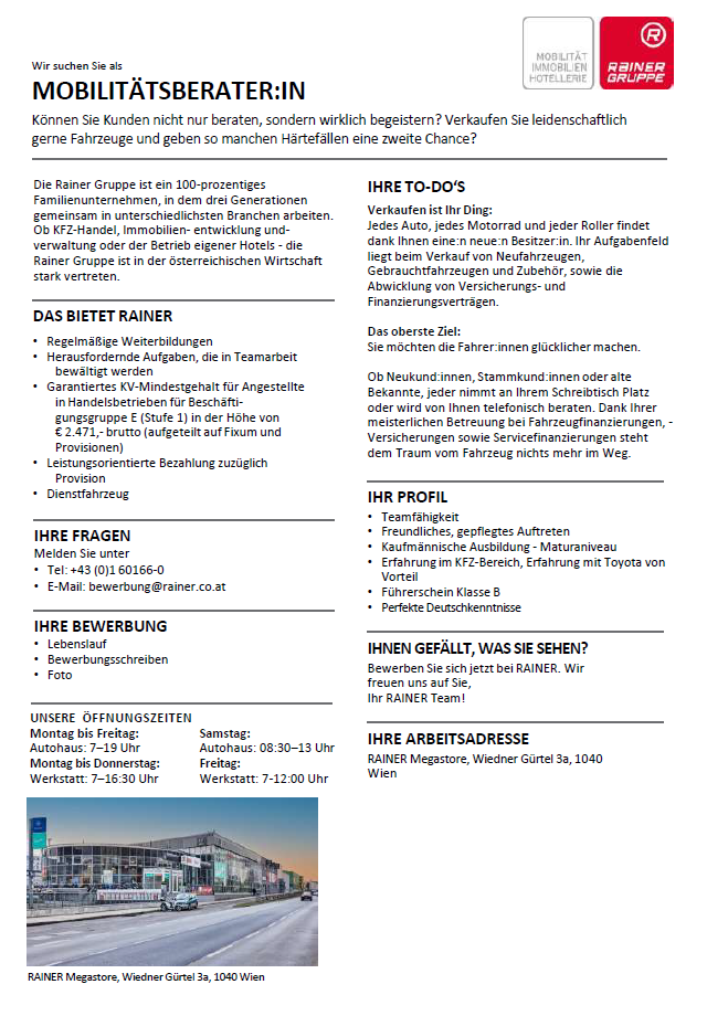 Stellenanzeige für einen Mobilitätsberater bei der Rainer Group in Wien