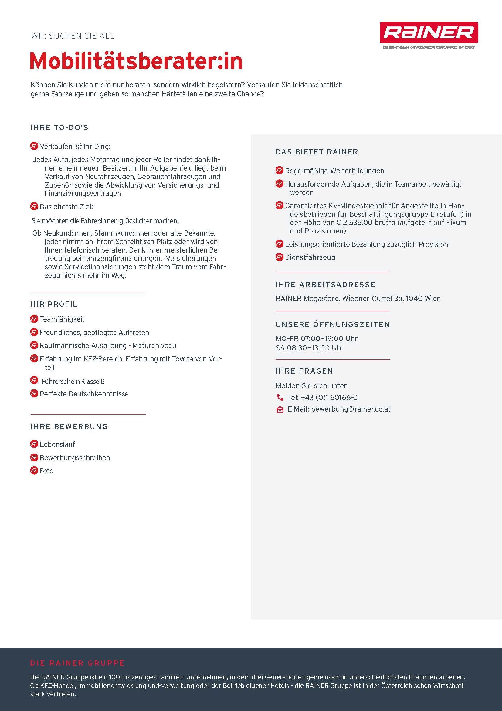 Stellenanzeige für einen Mobilitätsberater bei der Rainer Group in Wien