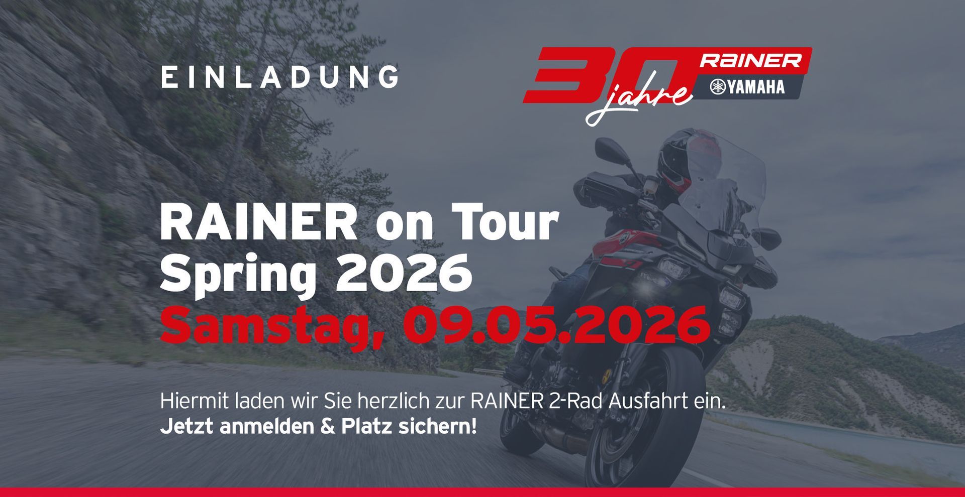 Werbebanner für das Autohaus Rainer Toyota mit einem weißen SUV und Kontaktinformationen, gültig ab März 2026.