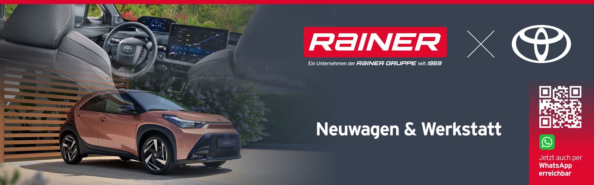 Ein Werbebanner für Rainer Toyota, das ein Auto, Händlerdienstleistungen und einen QR-Code zur Kontaktaufnahme zeigt.