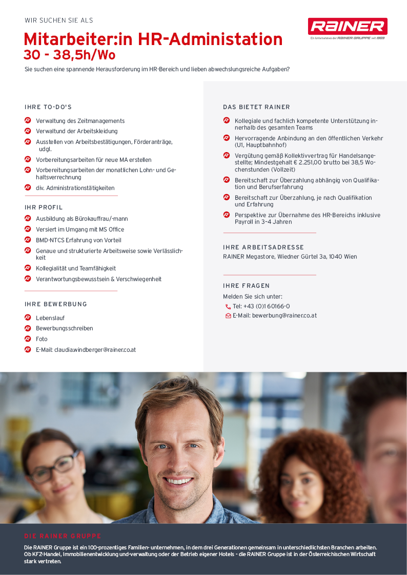 Stellenanzeige für eine Position im Bereich Personalverwaltung bei REINER, mit Abbildung einer Gruppe lächelnder Fachkräfte.
