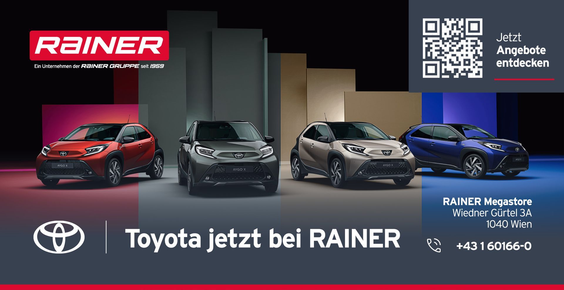 Werbebanner für das Autohaus Rainer Toyota mit einem weißen SUV und Kontaktinformationen, gültig ab März 2026.