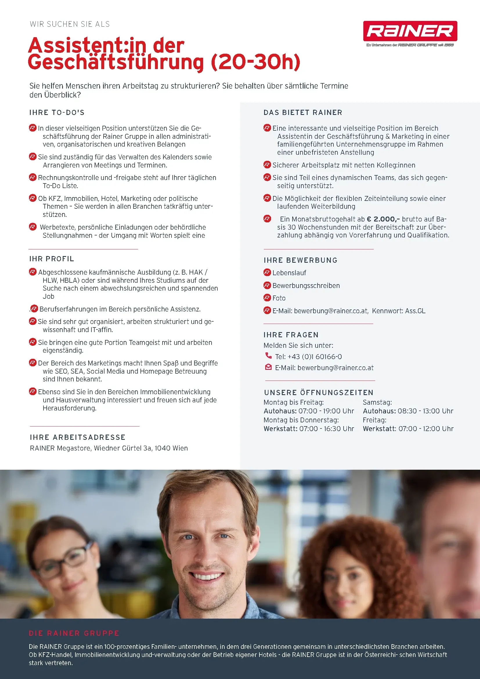 Eine Stellenanzeige für eine Position als Managementassistent/in bei Rainer,