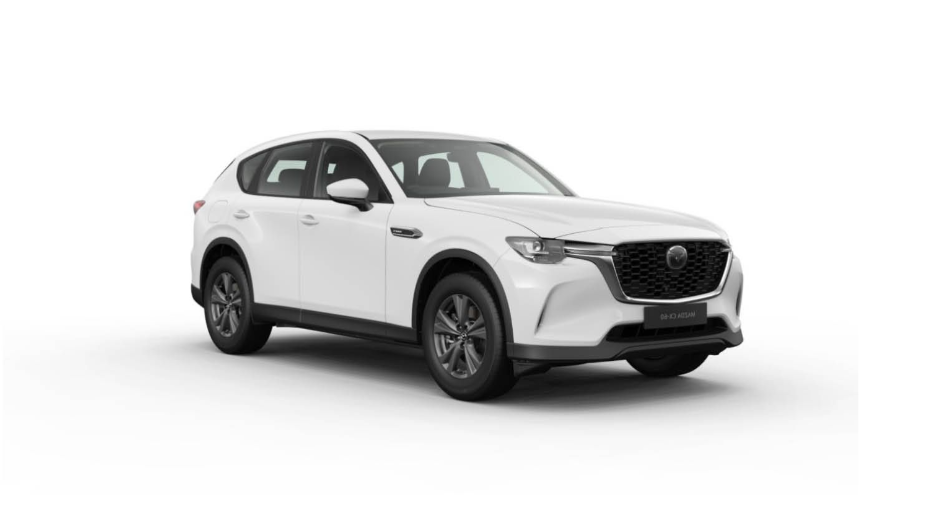 Ein weißer Mazda CX-60 SUV, geparkt vor einem einfarbig weißen Hintergrund, aufgenommen aus einer Dreiviertelperspektive.