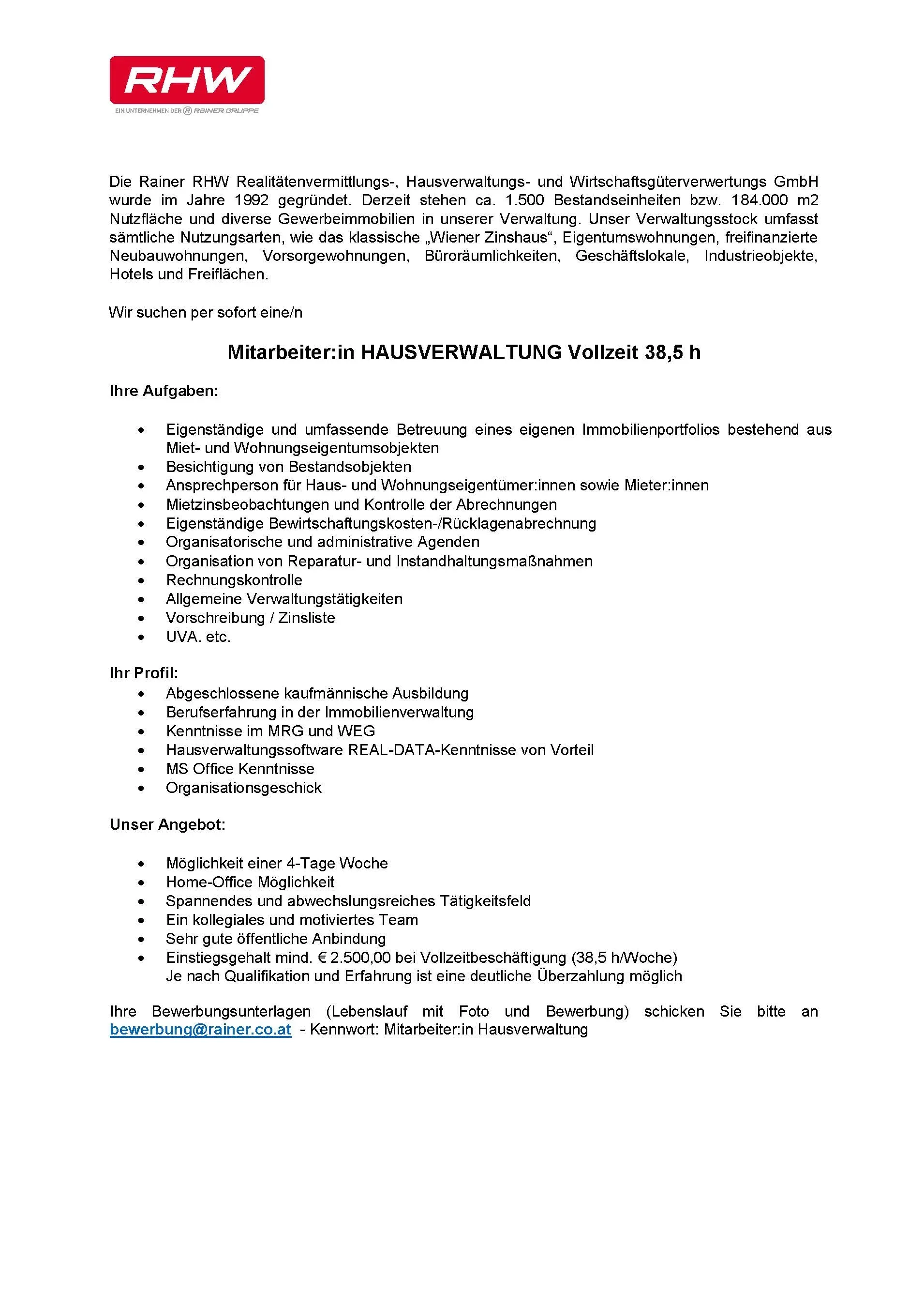 Stellenanzeige für eine Position im Bereich Hausverwaltung