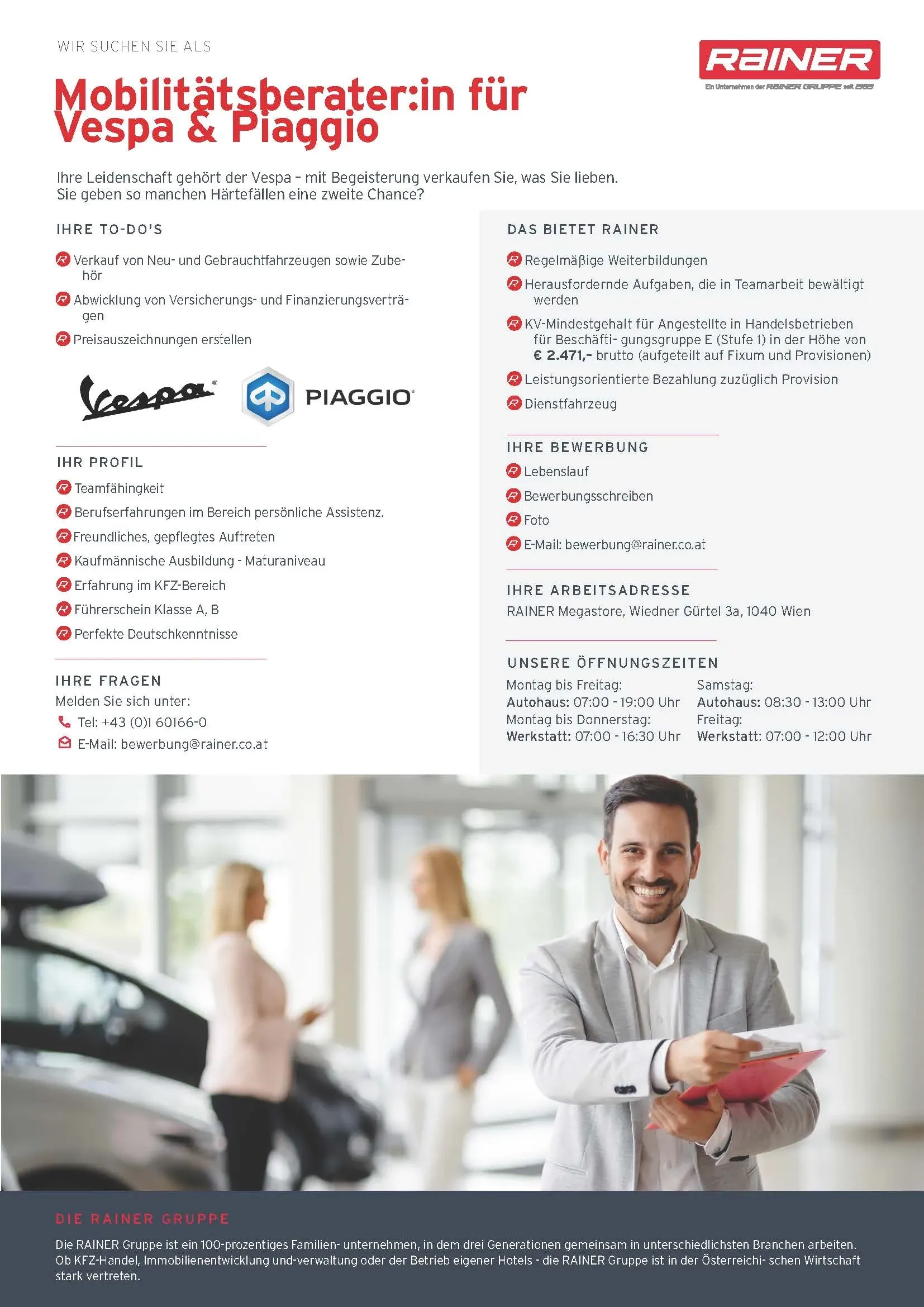 Eine Stellenanzeige für einen Mobilitätsberater für Vespa & Piaggio bei Rainer