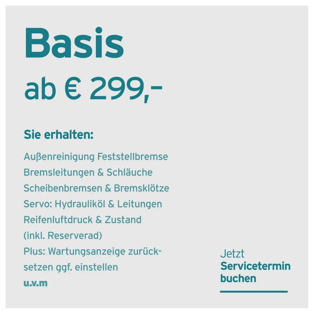Basis-Autoservicepaket ab 299 €, inklusive Prüfung von Bremsen, Lenkung und Reifen. Inklusive Buchungsaufruf.