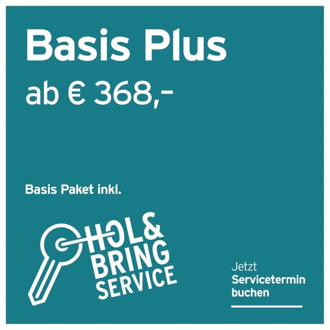Türkisfarbene Grafik für das Servicepaket „Basis Plus“ ab 368 €, inklusive „Hol & Bring Service“ mit Schlüsselsymbol.