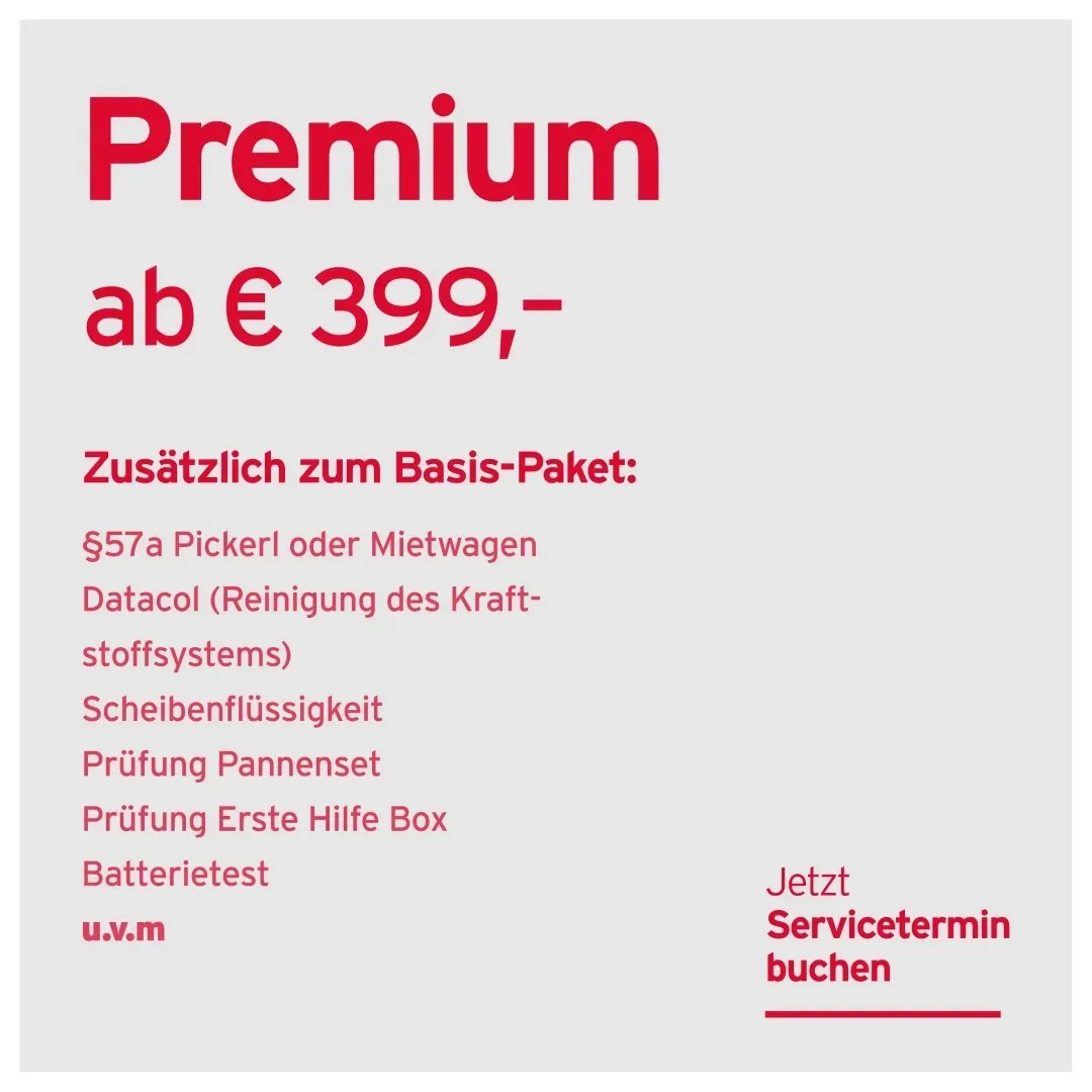 Premium-Serviceangebot ab 399 €, inklusive Auflistung der Wartungsleistungen und einem Link zur Buchung eines Servicetermins.