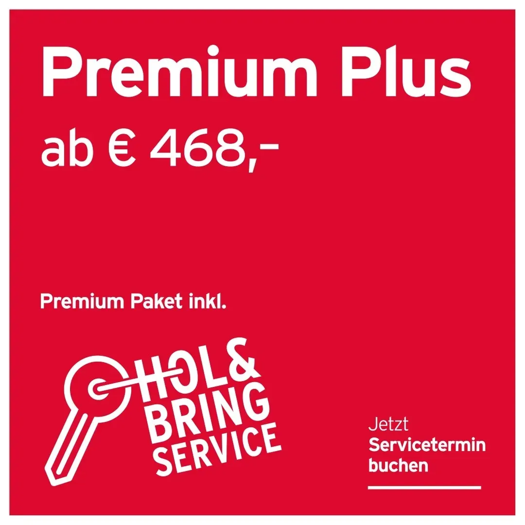 Anzeige für das Premium Plus-Paket ab 468 €, inklusive Abhol- und Lieferservice und Buchungsaufforderung.