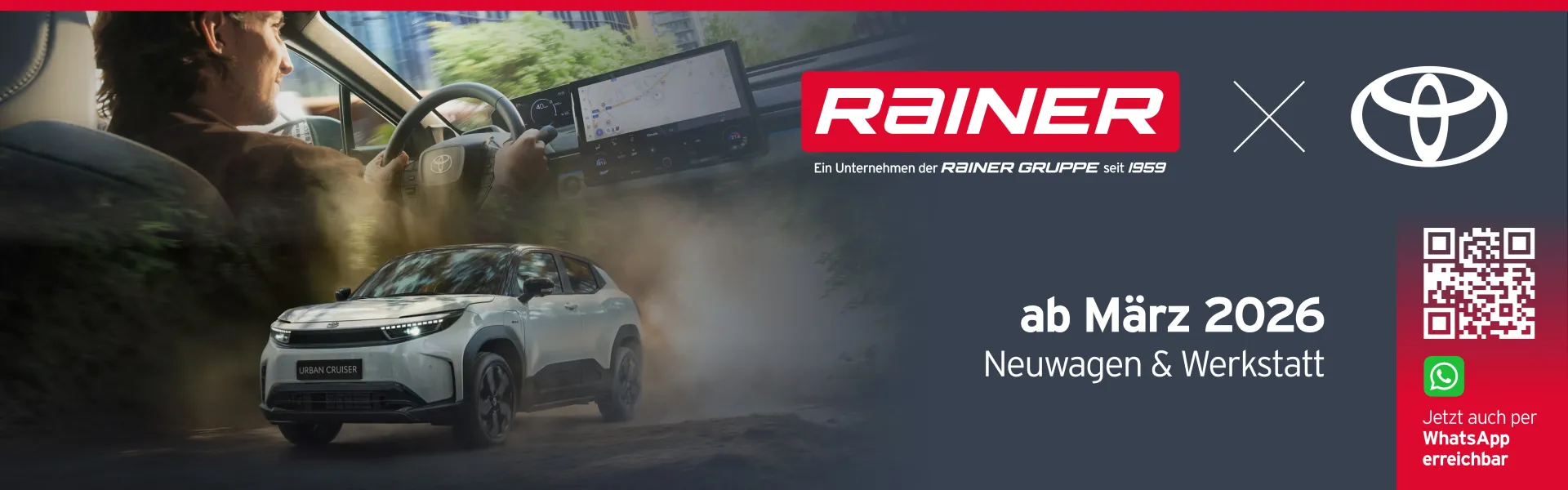 Werbebanner für das Autohaus Rainer Toyota mit einem weißen SUV und Kontaktinformationen, gültig ab März 2026.