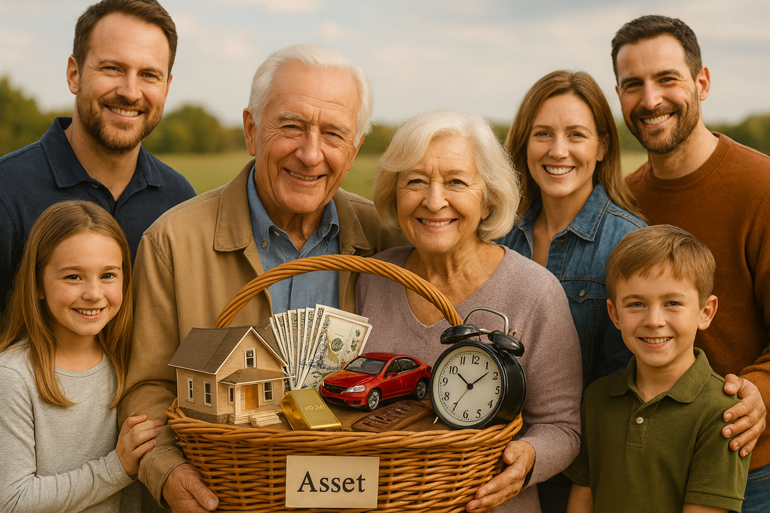 Family with assets in a basket: home, car, cash, gold, and clock, smiling outdoors.