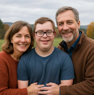 Family of three smiling outdoors: a woman in orange sweater, a man in brown jacket, and a young man with Down syndrome.