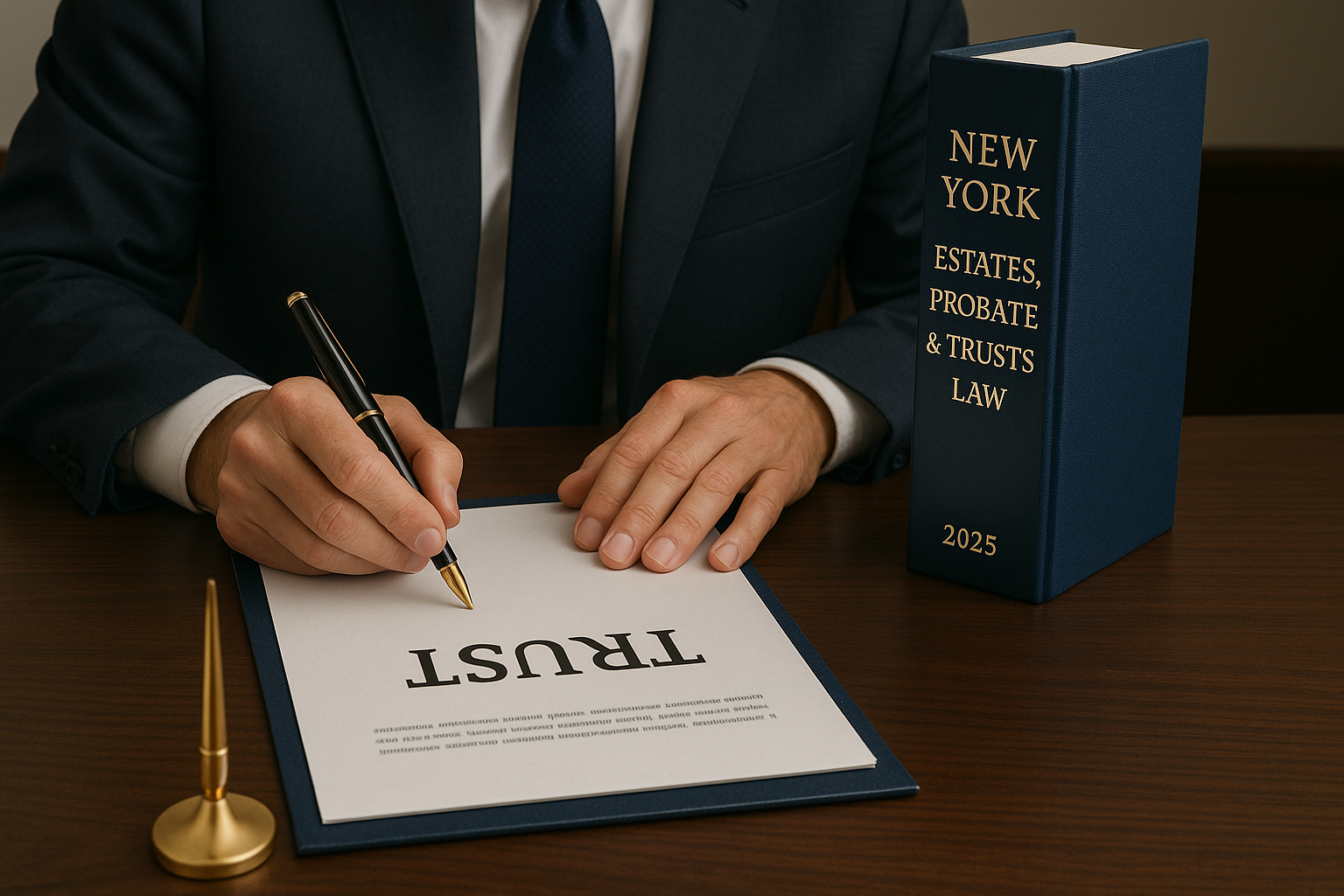 A person in a suit signing a trust document at a desk, with a law book nearby.