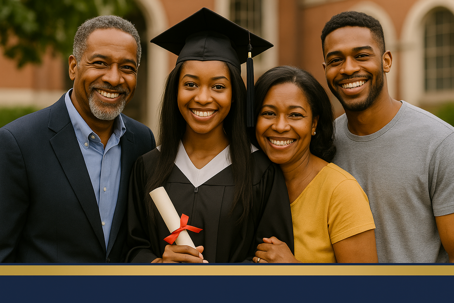 Family celebrates a graduate in cap and gown; smiling, standing in front of a university building.
