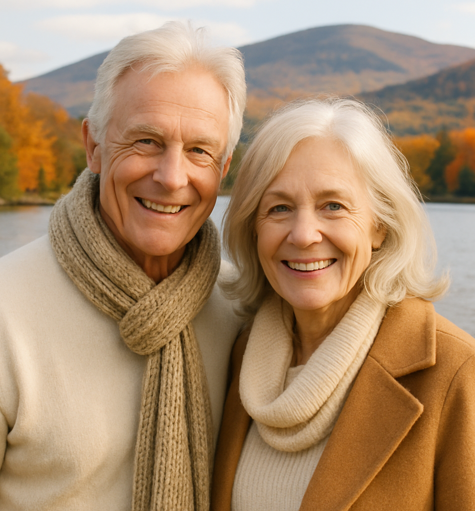 Older couple smiling outdoors by a lake, autumn foliage in the background.