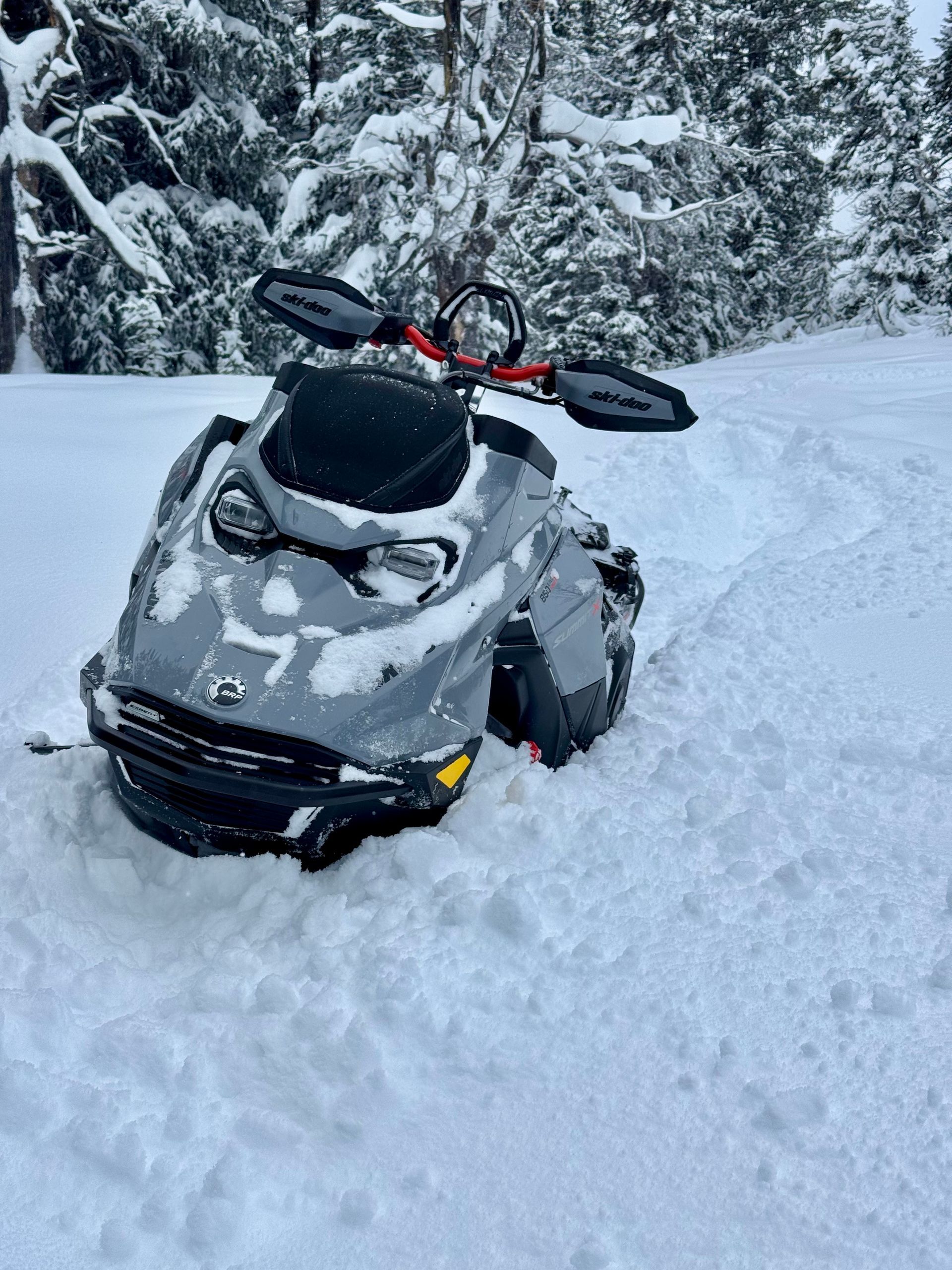 Rider snowmobiling deep powder near Teton Valley