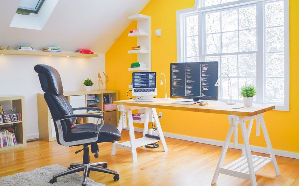 Beautiful white and yellow home office eclectic