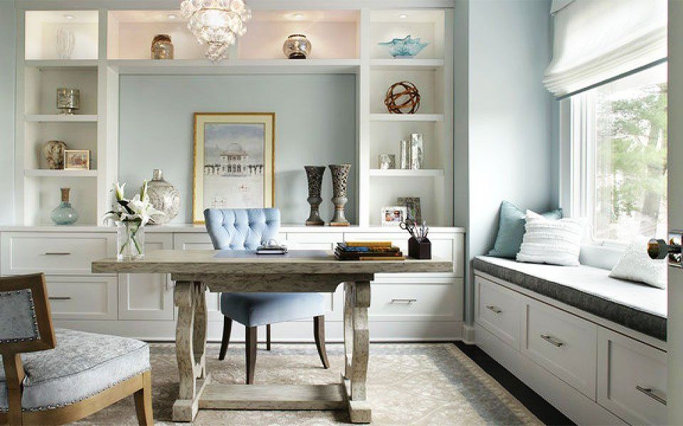 Beautiful white and blue home office mediterranean