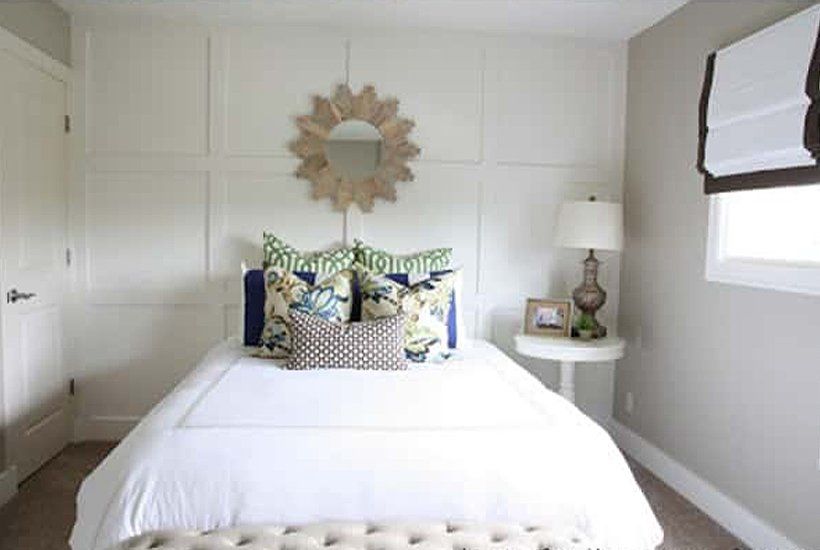 Beautiful white and lilac bedroom after renovation