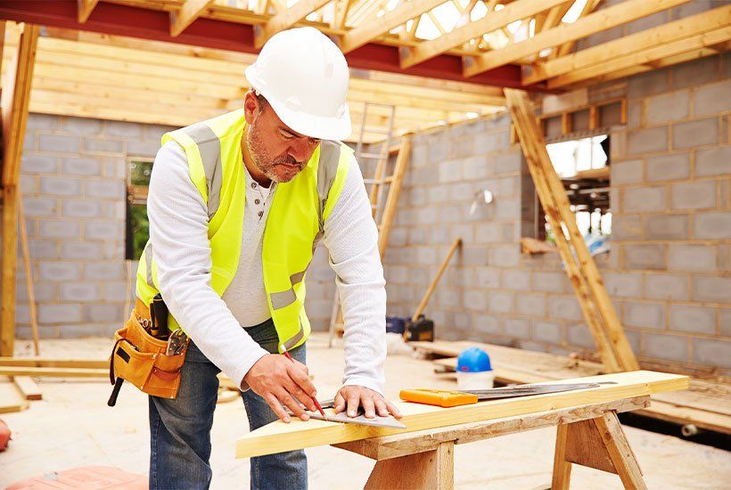 Builder in white helmet measuring a plank of wood