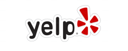 A yelp logo with a red star on a white background.