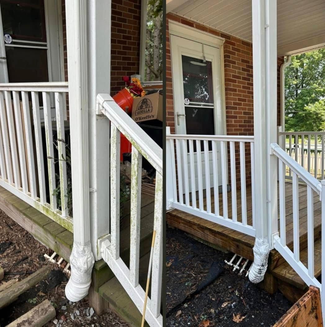A before and after picture of a porch with a white railing.