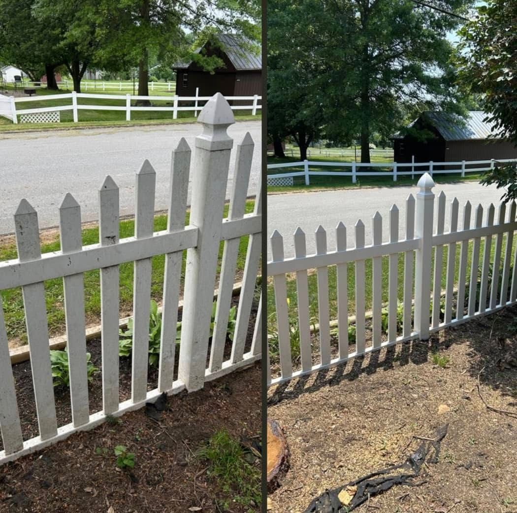Two pictures of a white picket fence next to a road.