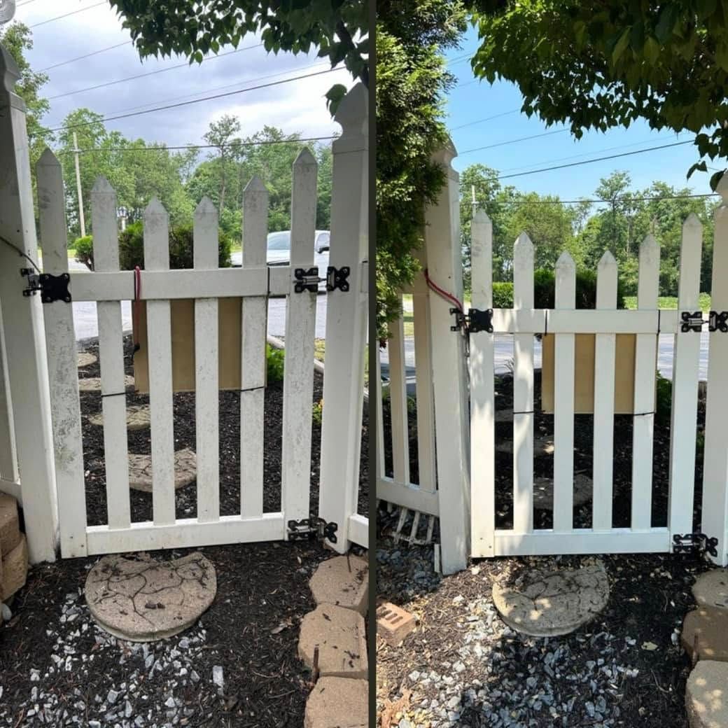 A before and after picture of a white picket fence and gate.