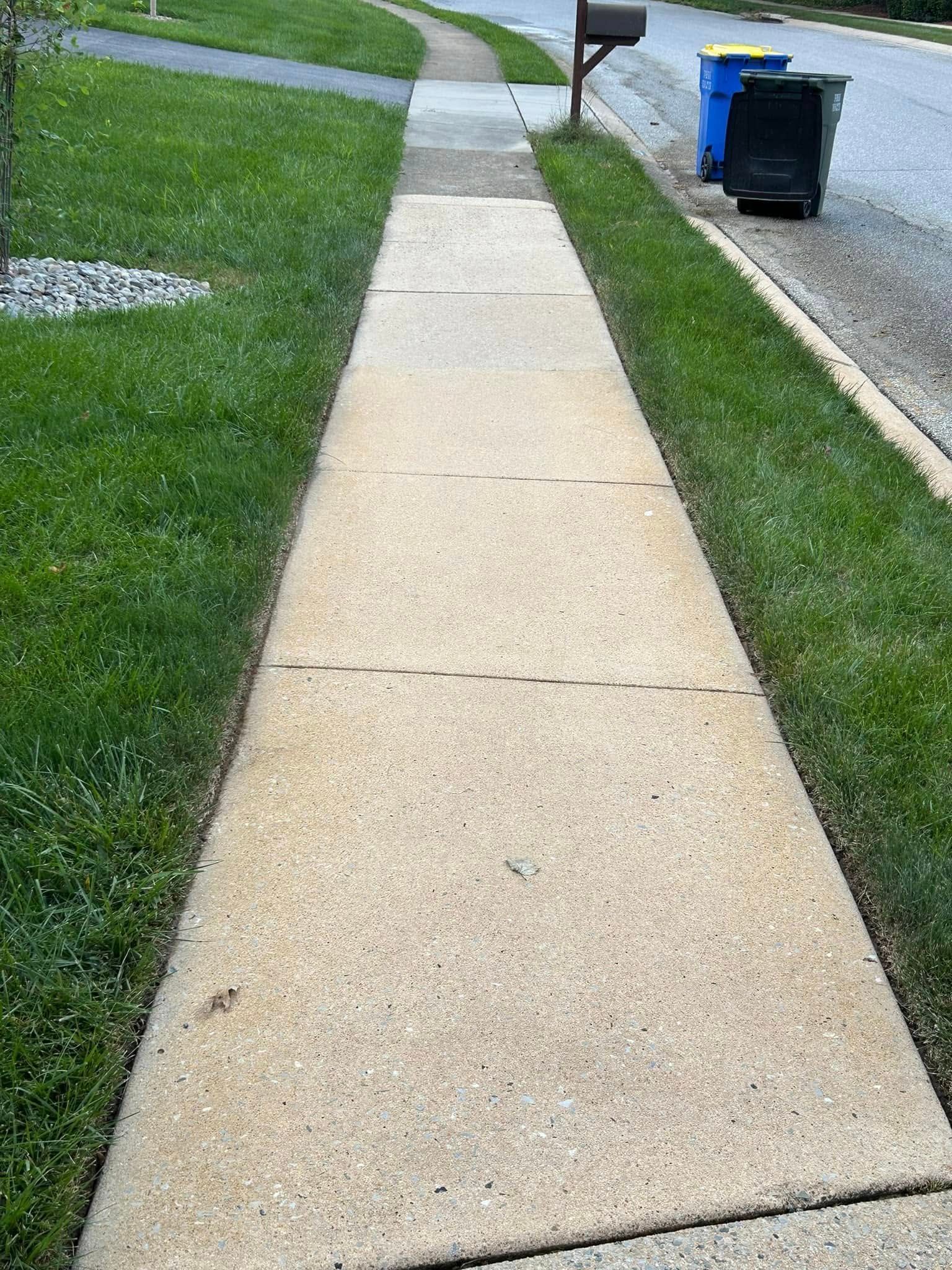 A sidewalk with a mailbox and trash can on the side of it.