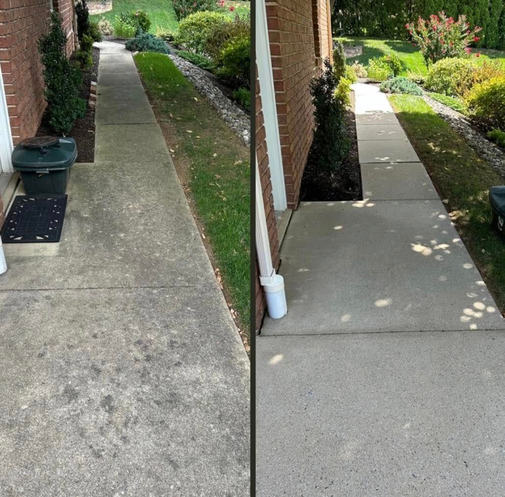 A before and after photo of a sidewalk in front of a house.