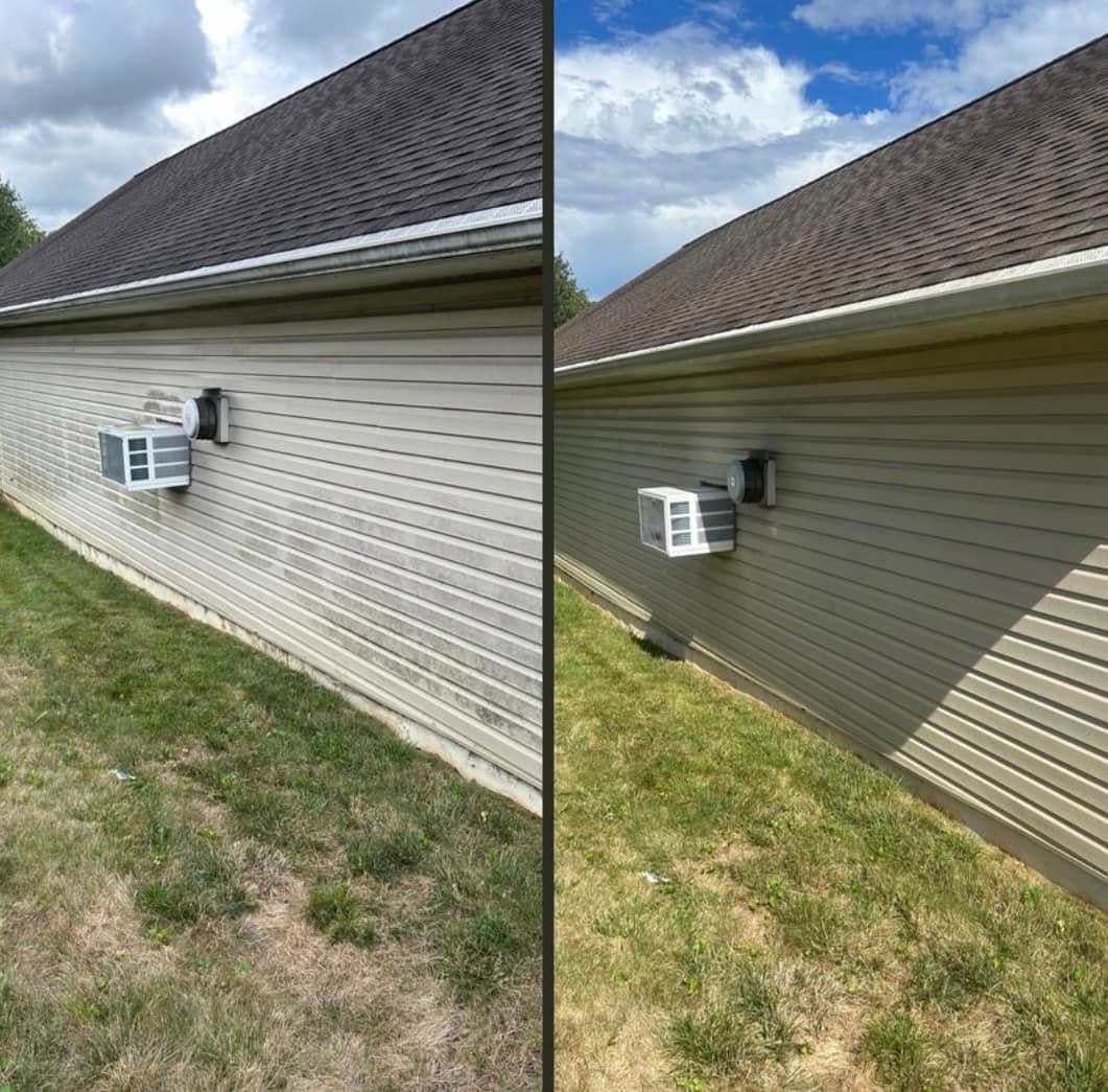 A before and after picture of a house with siding and air conditioners.
