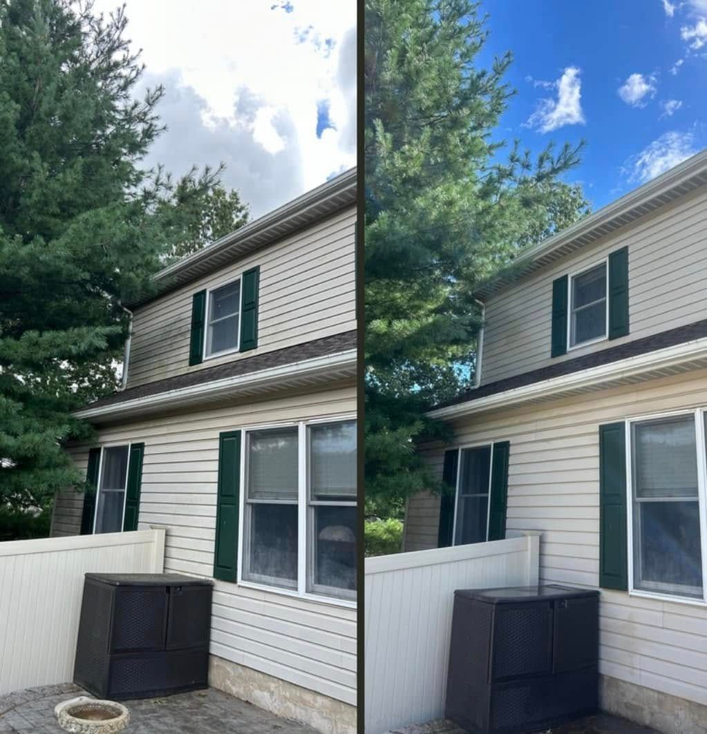 A before and after picture of a house with green shutters.
